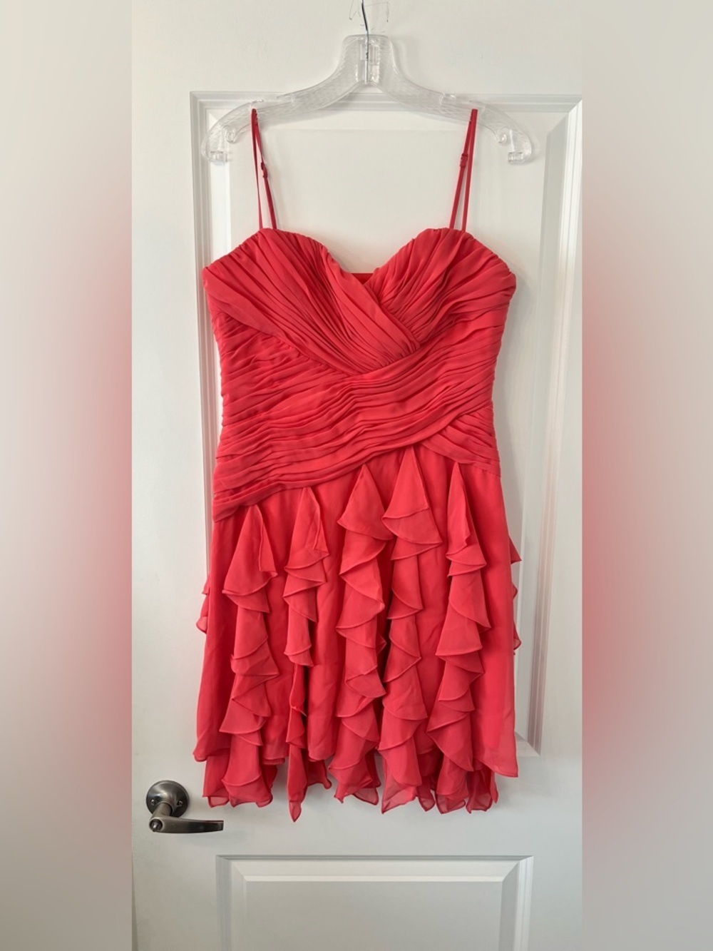 Max & Cleo Coral-Red Ruffle Mini Dress with Spaghetti Straps